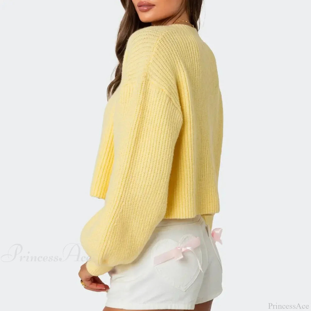 Solid Lantern Sleeve Button Down Knit Cardigan image 2