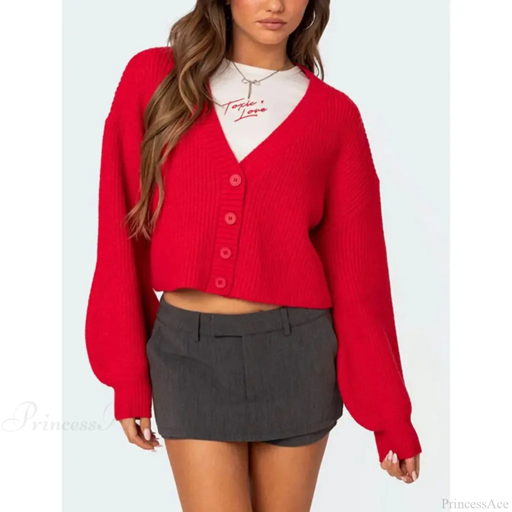 Solid Lantern Sleeve Button Down Knit Cardigan image 3