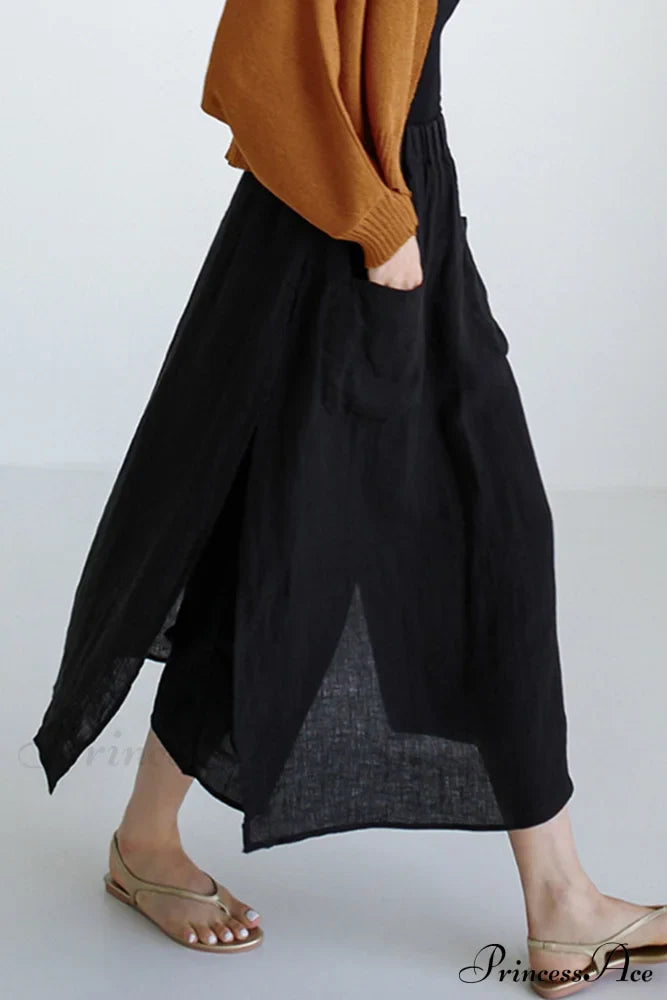 Solid Linen Midi Skirt with Pockets image 3