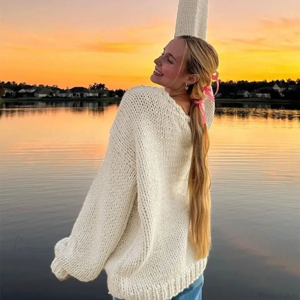 Solid Loose V-Neck Off-Shoulder Sweater image 6