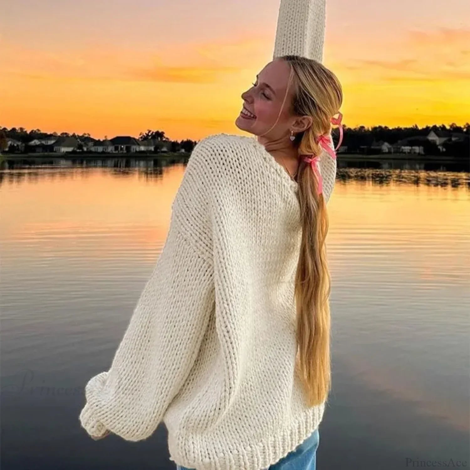 Solid Loose V-Neck Off-Shoulder Sweater image 6