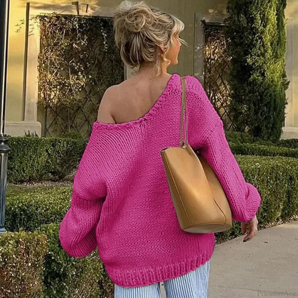 Solid Loose V-Neck Off-Shoulder Sweater image 4