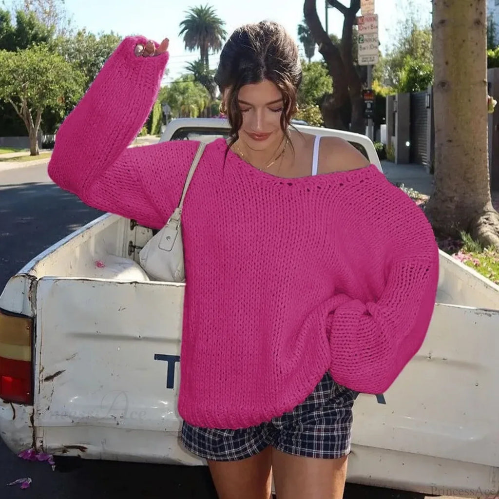 Solid Loose V-Neck Off-Shoulder Sweater image 3