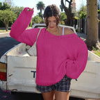 Solid Loose V-Neck Off-Shoulder Sweater image 3