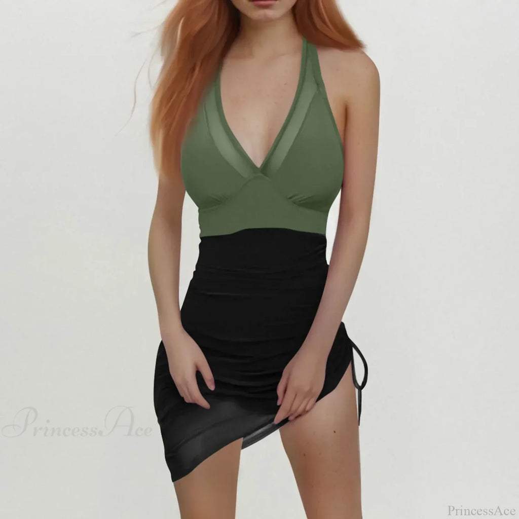 Solid Mesh Patchwork Push Up One Piece Set image 1