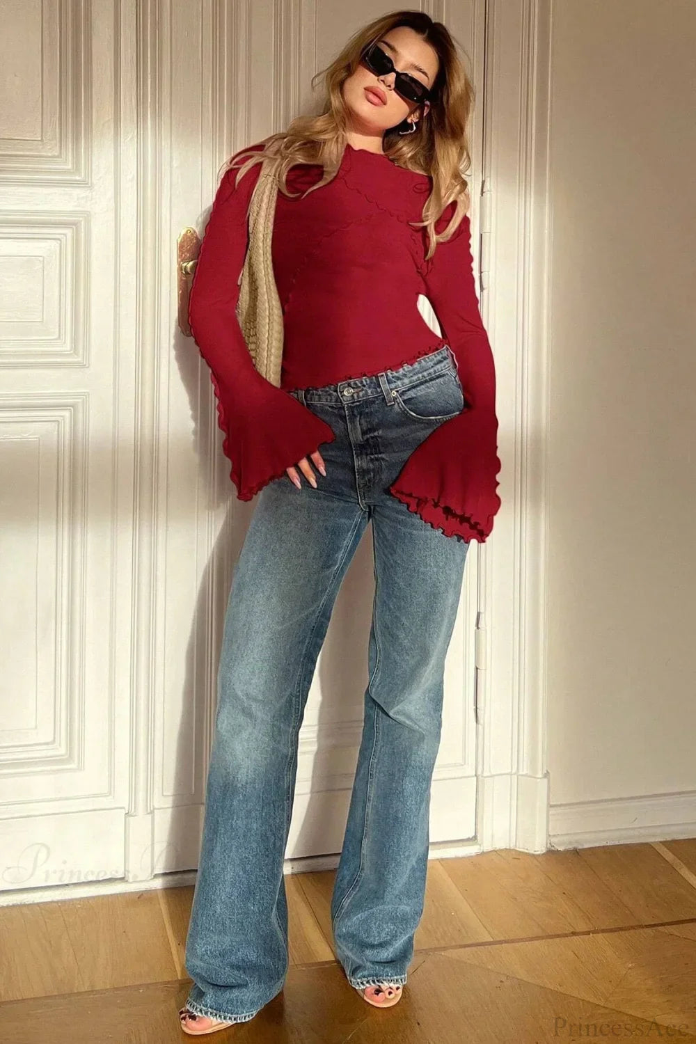 Solid Mock Neck Paneled Ruffled Long Sleeve Tee image 8