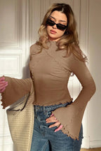 Solid Mock Neck Paneled Ruffled Long Sleeve Tee image 12