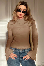 Solid Mock Neck Paneled Ruffled Long Sleeve Tee image 11