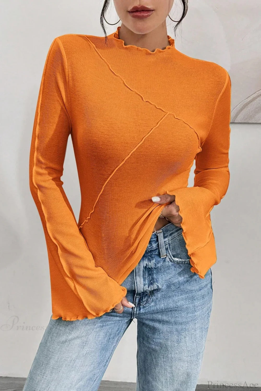 Solid Mock Neck Paneled Ruffled Long Sleeve Tee image 16