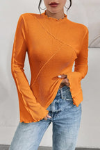 Solid Mock Neck Paneled Ruffled Long Sleeve Tee image 16