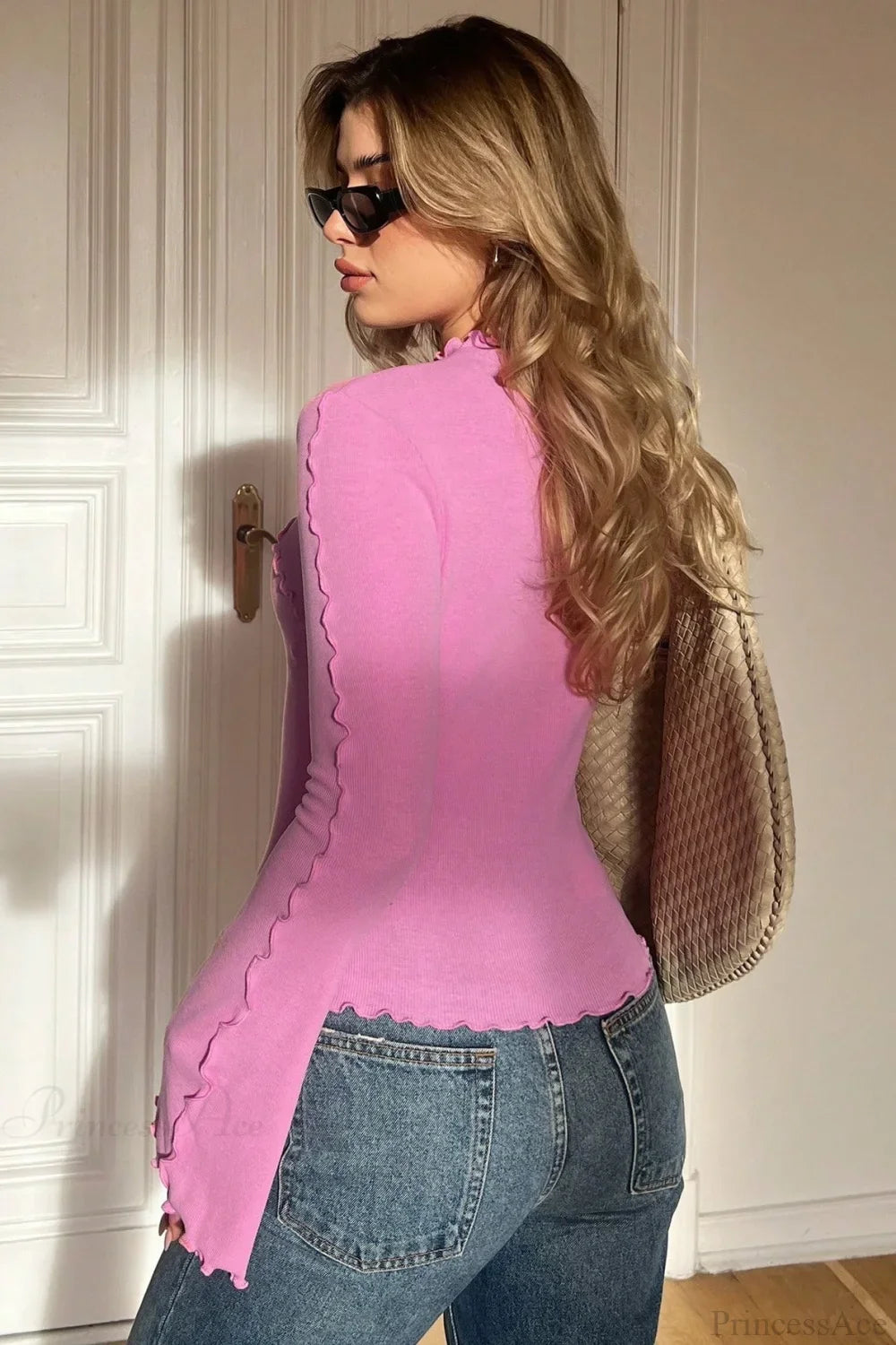 Solid Mock Neck Paneled Ruffled Long Sleeve Tee image 3