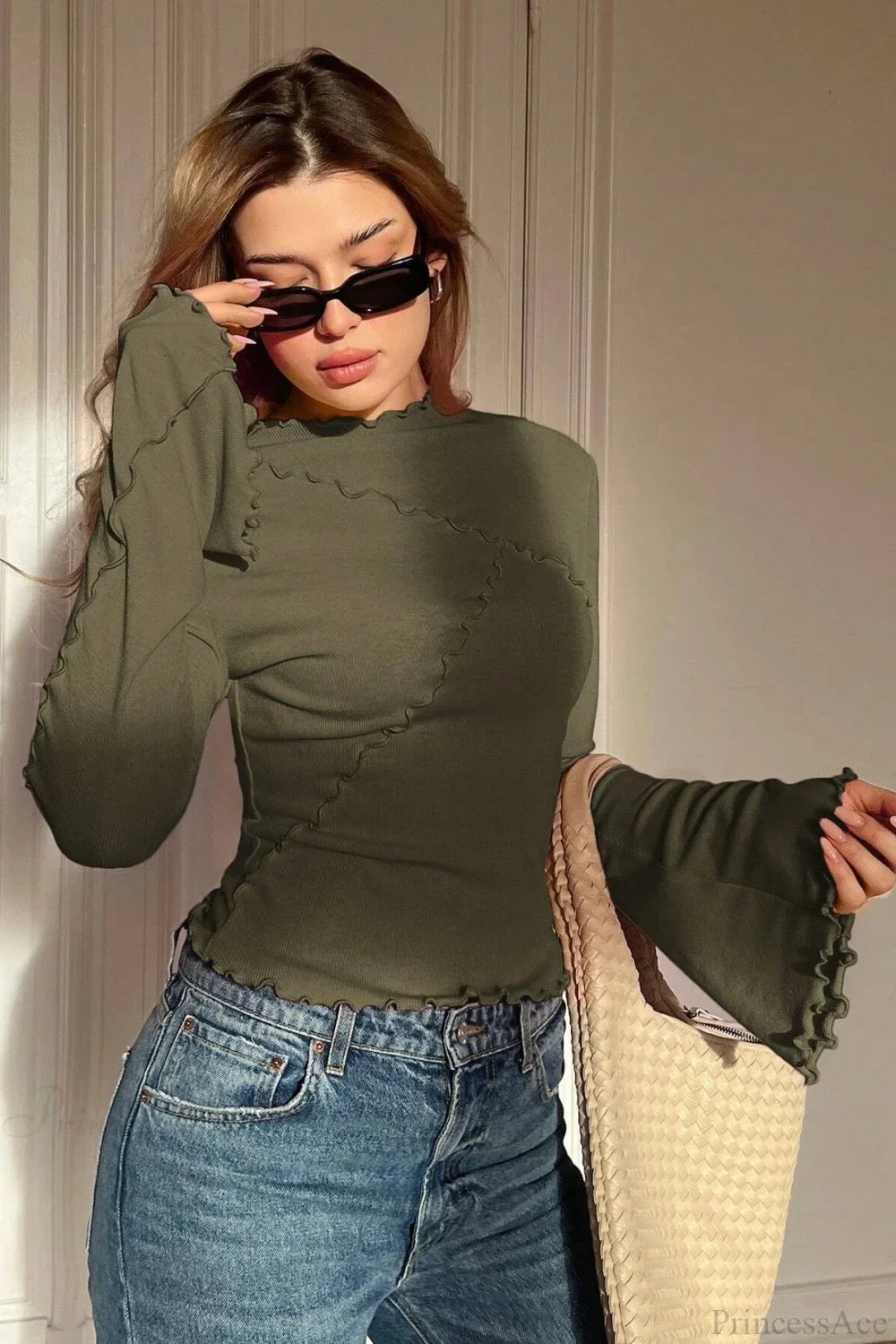Solid Mock Neck Paneled Ruffled Long Sleeve Tee image 10