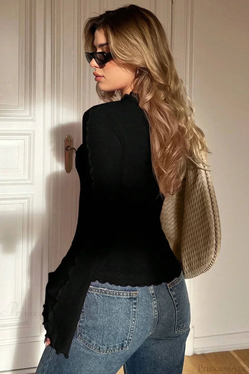 Solid Mock Neck Paneled Ruffled Long Sleeve Tee image 6