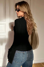 Solid Mock Neck Paneled Ruffled Long Sleeve Tee image 6