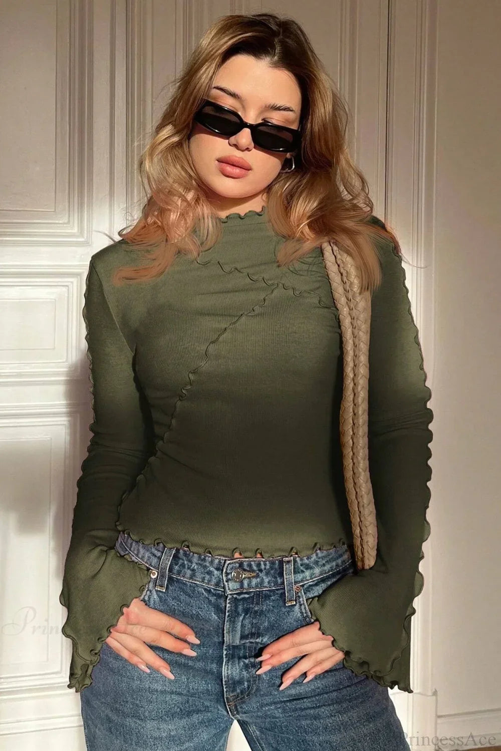 Solid Mock Neck Paneled Ruffled Long Sleeve Tee image 9