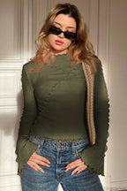 Solid Mock Neck Paneled Ruffled Long Sleeve Tee image 9