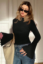 Solid Mock Neck Paneled Ruffled Long Sleeve Tee image 5