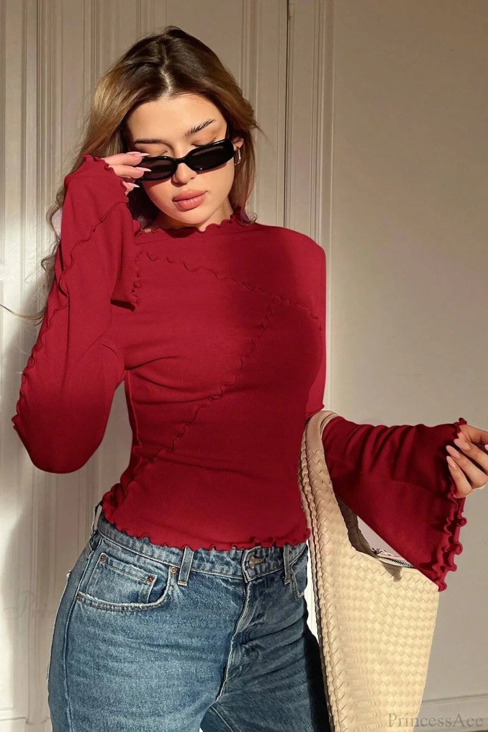 Solid Mock Neck Paneled Ruffled Long Sleeve Tee image 7