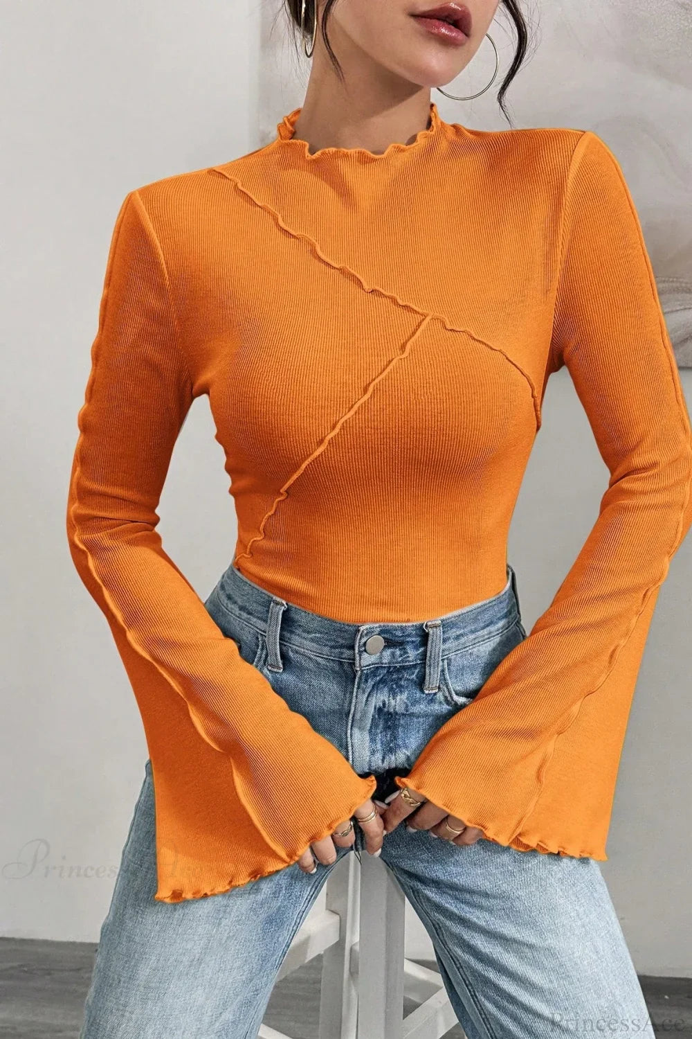 Solid Mock Neck Paneled Ruffled Long Sleeve Tee image 15
