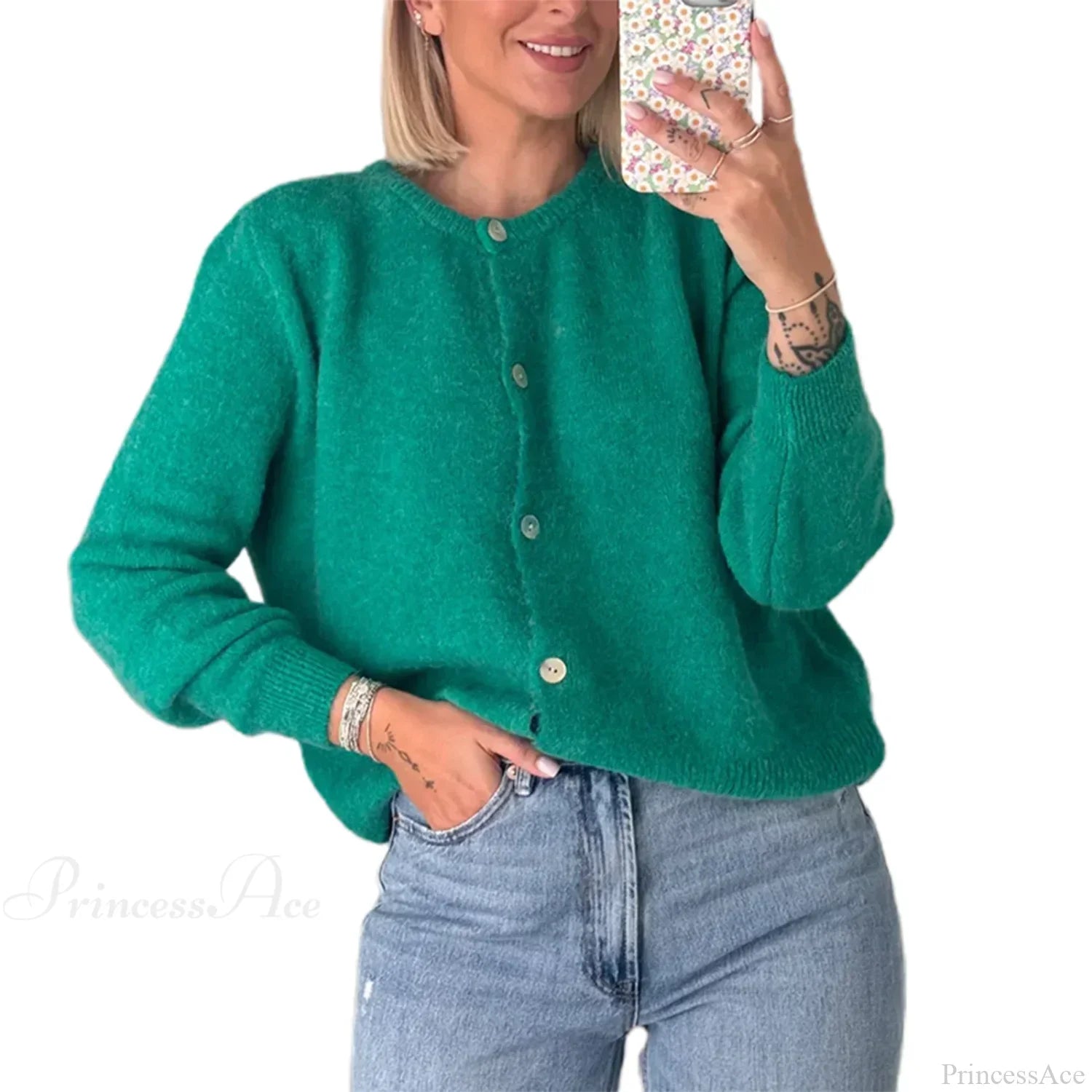 Solid O-neck Cropped Knitted Cardigan image 18
