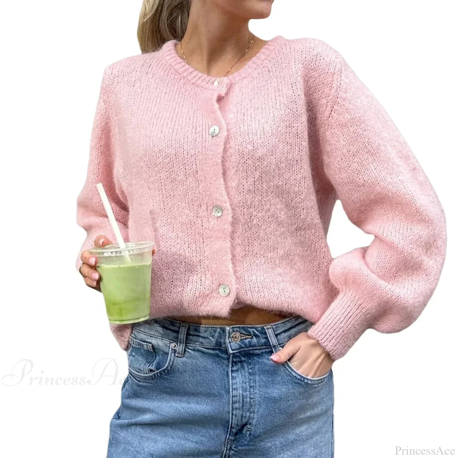 Solid O-neck Cropped Knitted Cardigan image 10