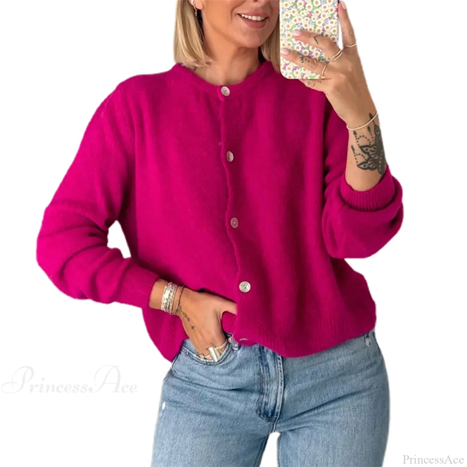 Solid O-neck Cropped Knitted Cardigan image 21