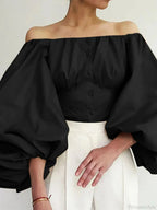 Solid Off-Shoulder Lantern Sleeve Fashion Blouse image 2