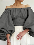 Solid Off-Shoulder Lantern Sleeve Fashion Blouse image 3