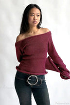 Solid Off Shoulder Rolled Edge Loose Knit Sweater image 2