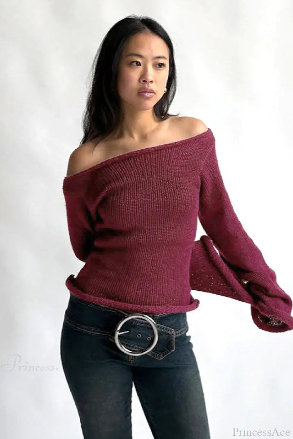 Solid Off Shoulder Rolled Edge Loose Knit Sweater image 2