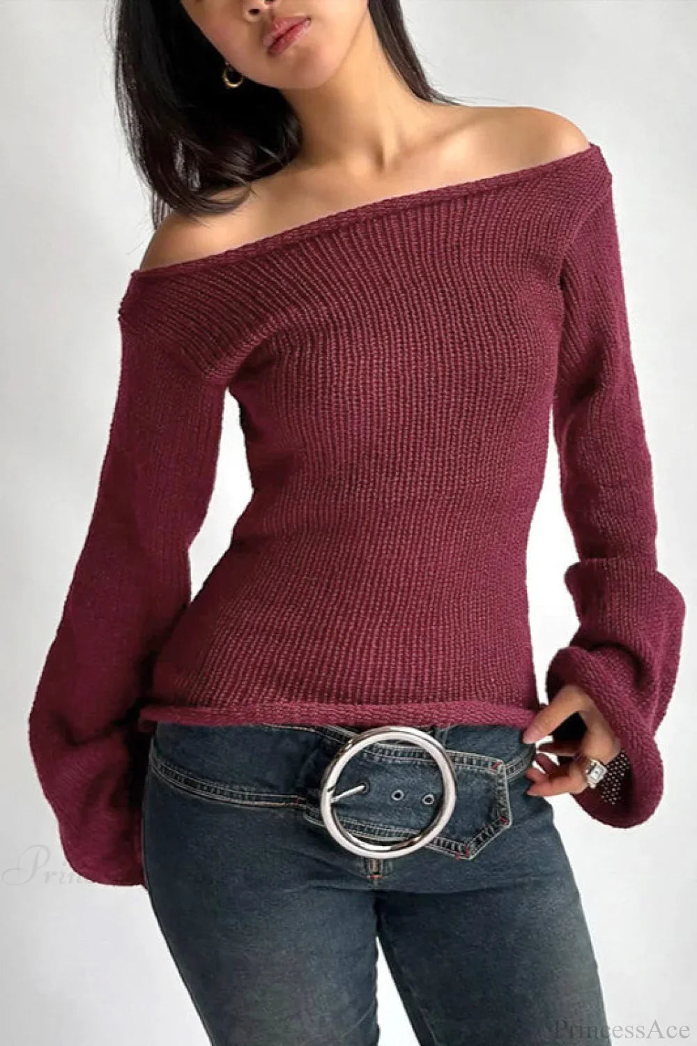Solid Off Shoulder Rolled Edge Loose Knit Sweater image 1