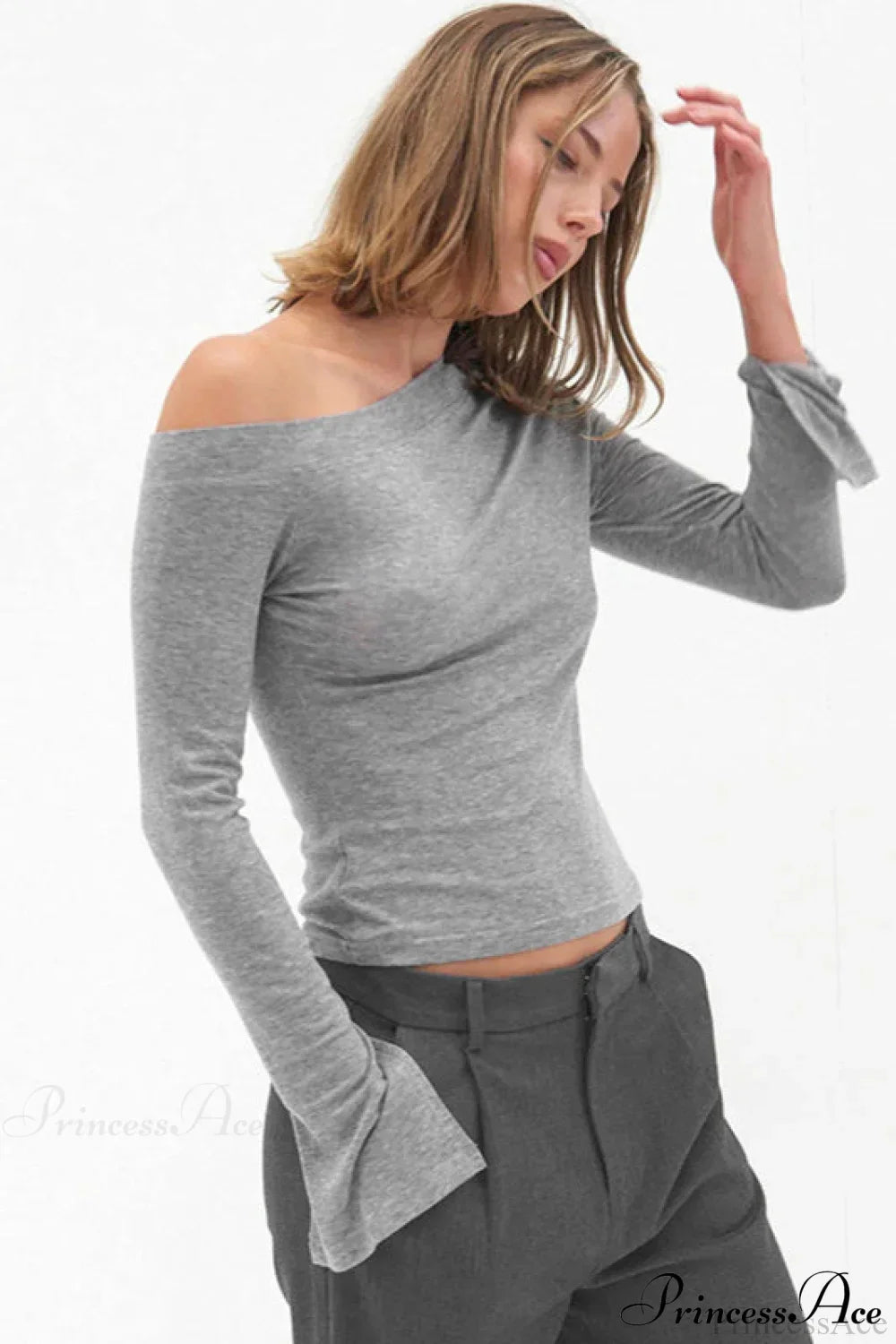 Solid One Shoulder Ruched Split Long Sleeve Tee image 3