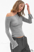 Solid One Shoulder Ruched Split Long Sleeve Tee image 3