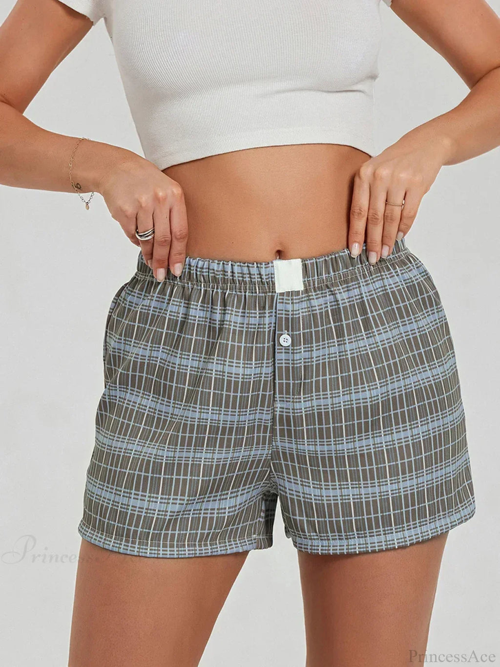 Solid Plaid Elastic Waist Short image 5