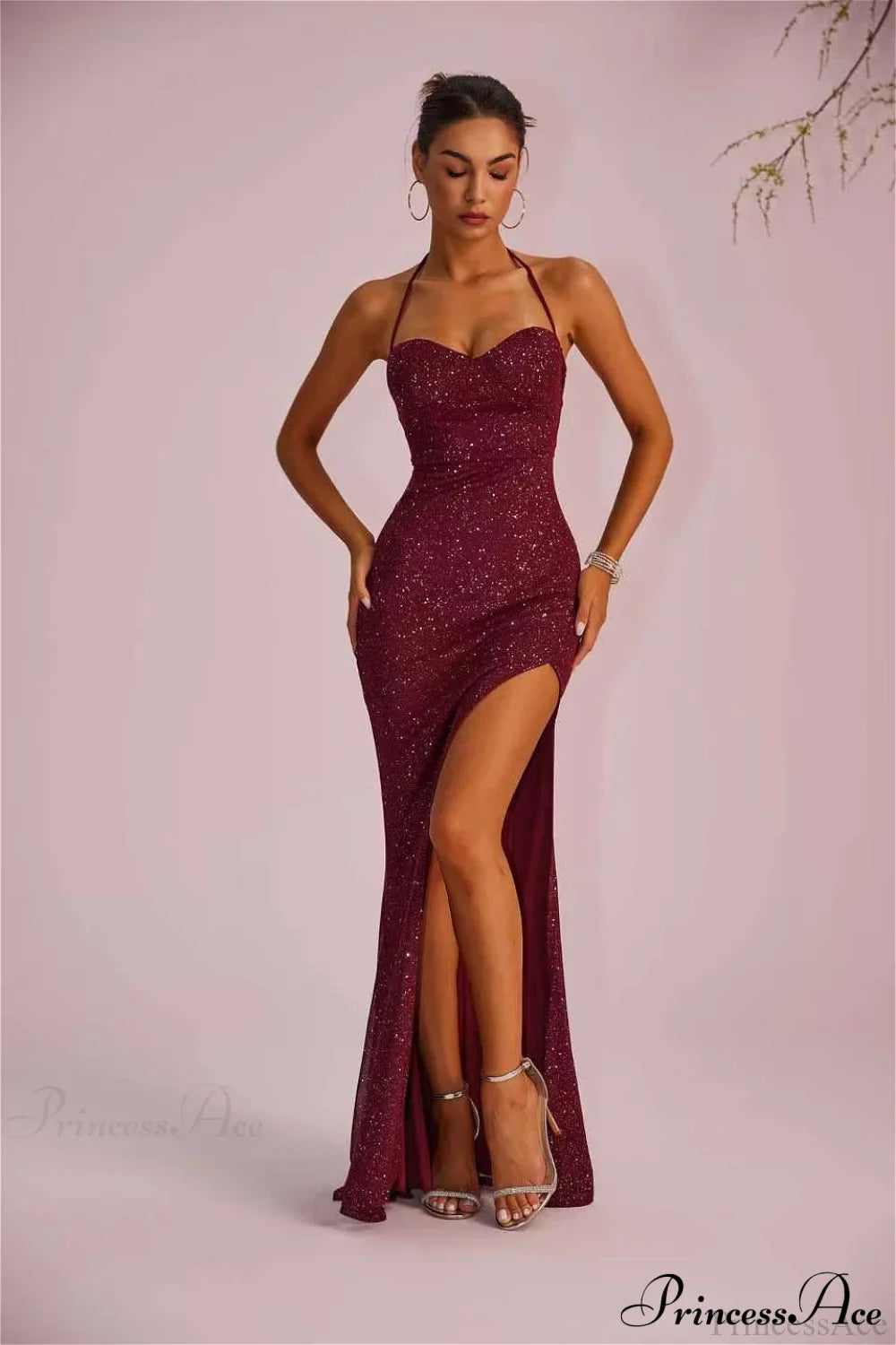 Solid Plunging Backless Slit Fitted Maxi Party Dress image 2
