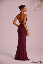 Solid Plunging Backless Slit Fitted Maxi Party Dress image 3