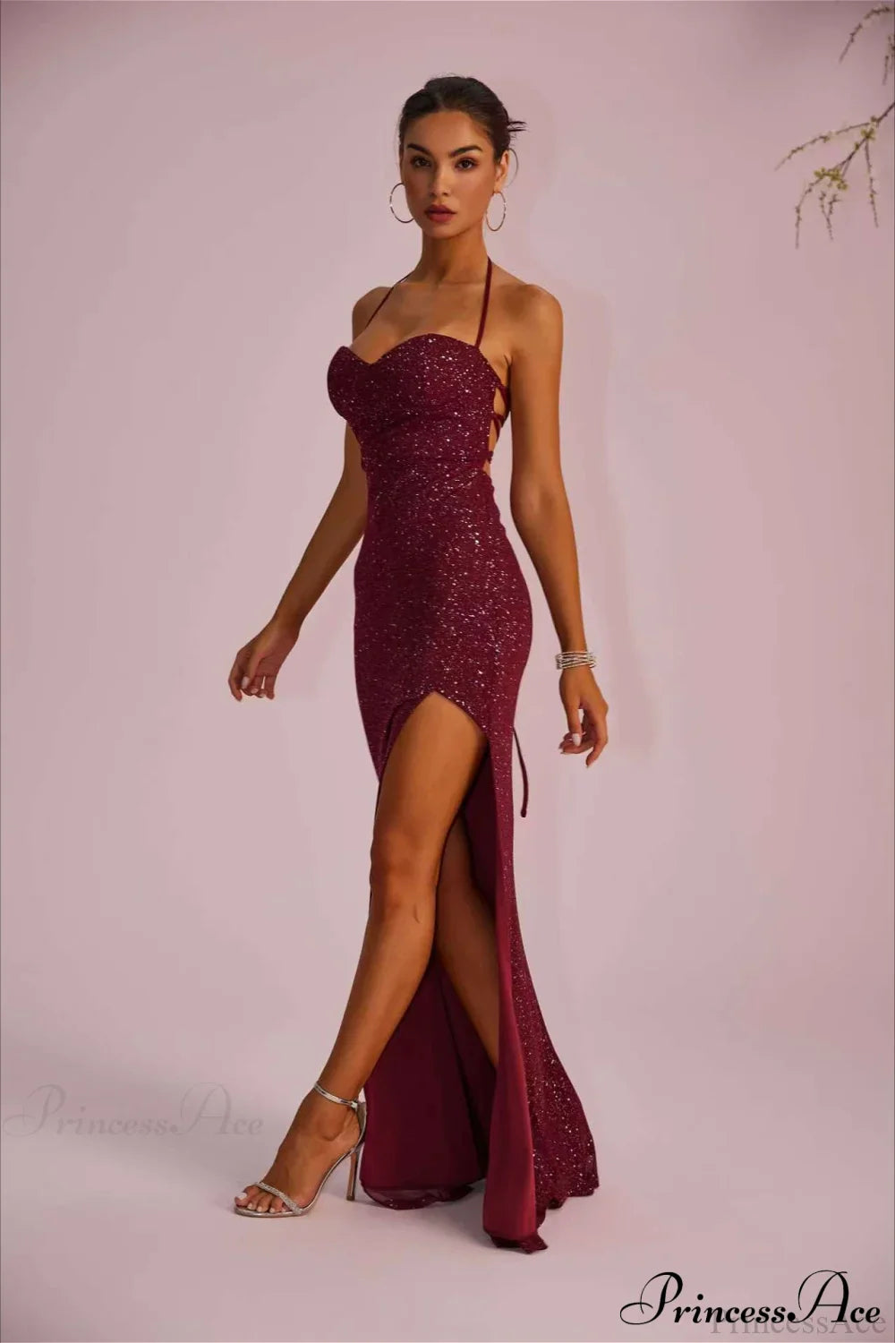 Solid Plunging Backless Slit Fitted Maxi Party Dress image 1