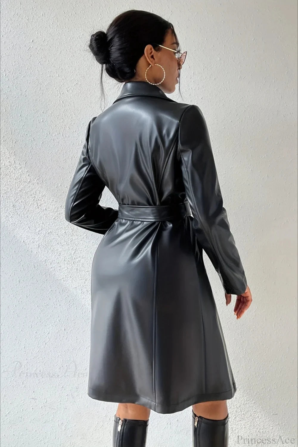 Solid PU Leather Slim-Fit Overcoat image 4