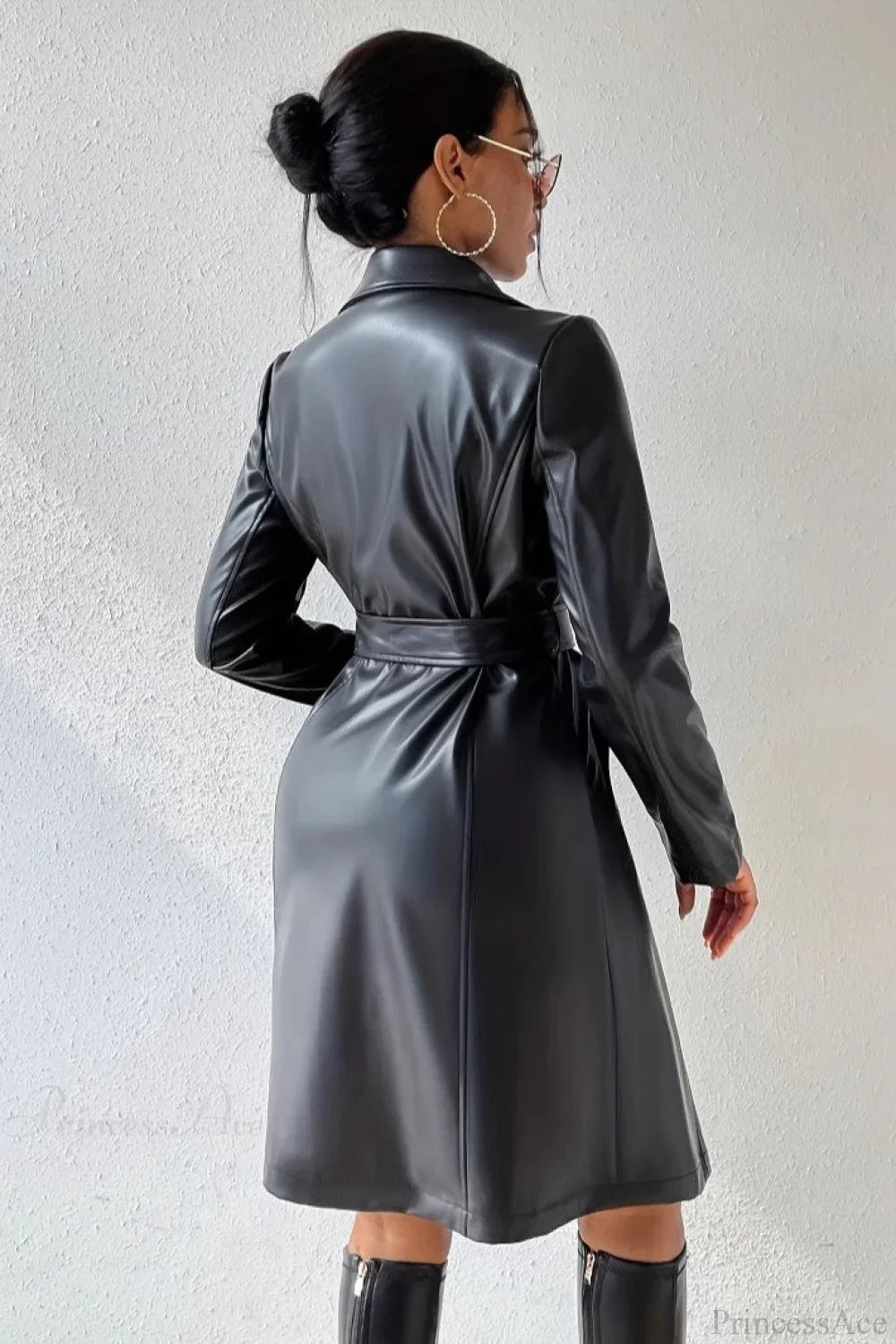 Solid PU Leather Slim-Fit Overcoat image 2