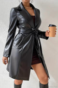 Solid PU Leather Slim-Fit Overcoat image 1