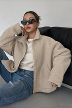 Solid Relaxed Shearling High Neck Jacket image 2