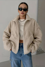 Solid Relaxed Shearling High Neck Jacket image 4