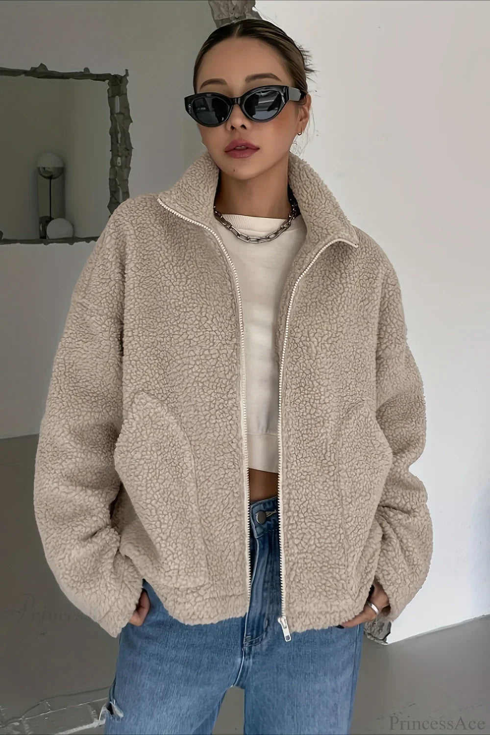 Solid Relaxed Shearling High Neck Jacket image 1
