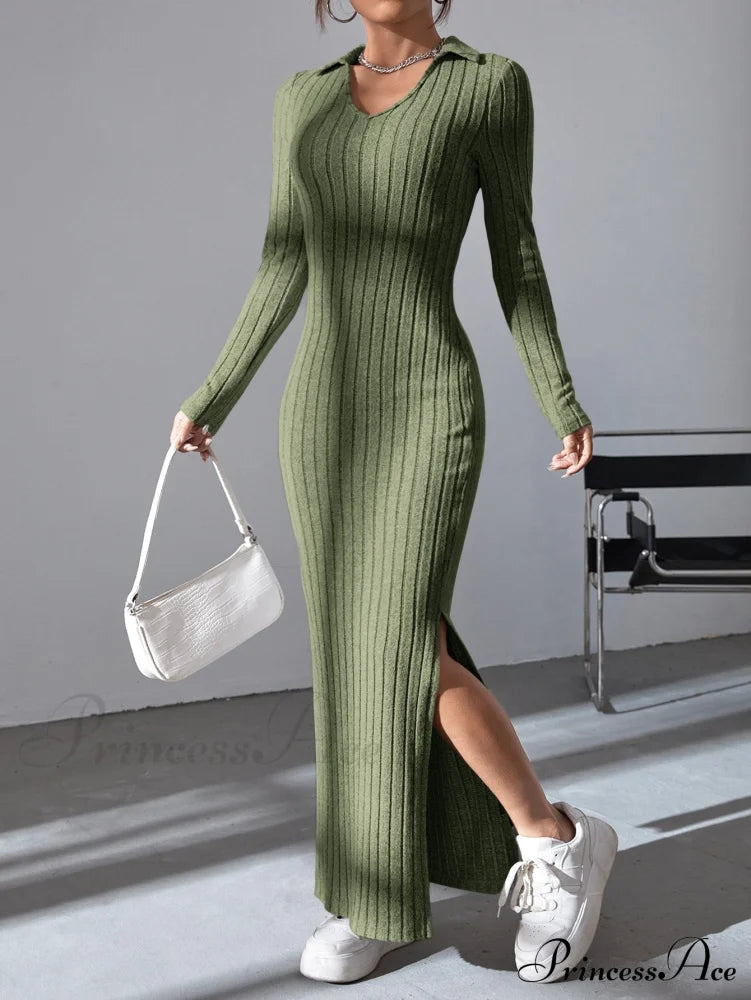 Solid Ribbed Knit Split Thigh Dress image 7