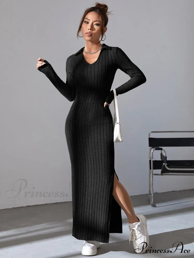Solid Ribbed Knit Split Thigh Dress image 4