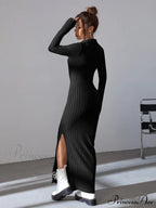 Solid Ribbed Knit Split Thigh Dress image 2