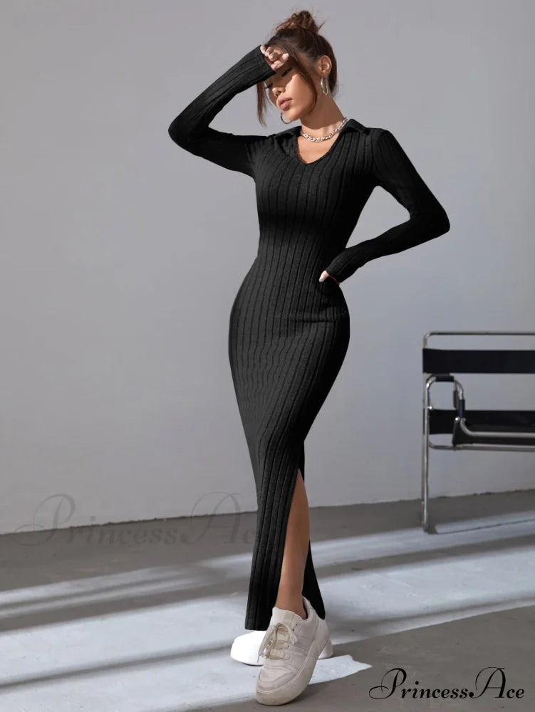 Solid Ribbed Knit Split Thigh Dress image 5