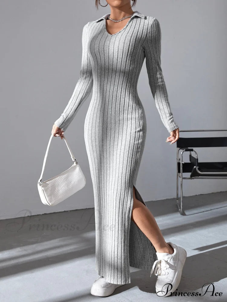 Solid Ribbed Knit Split Thigh Dress image 6