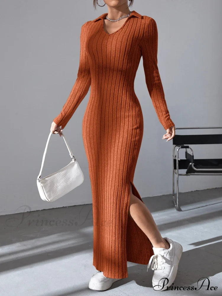 Solid Ribbed Knit Split Thigh Dress image 9