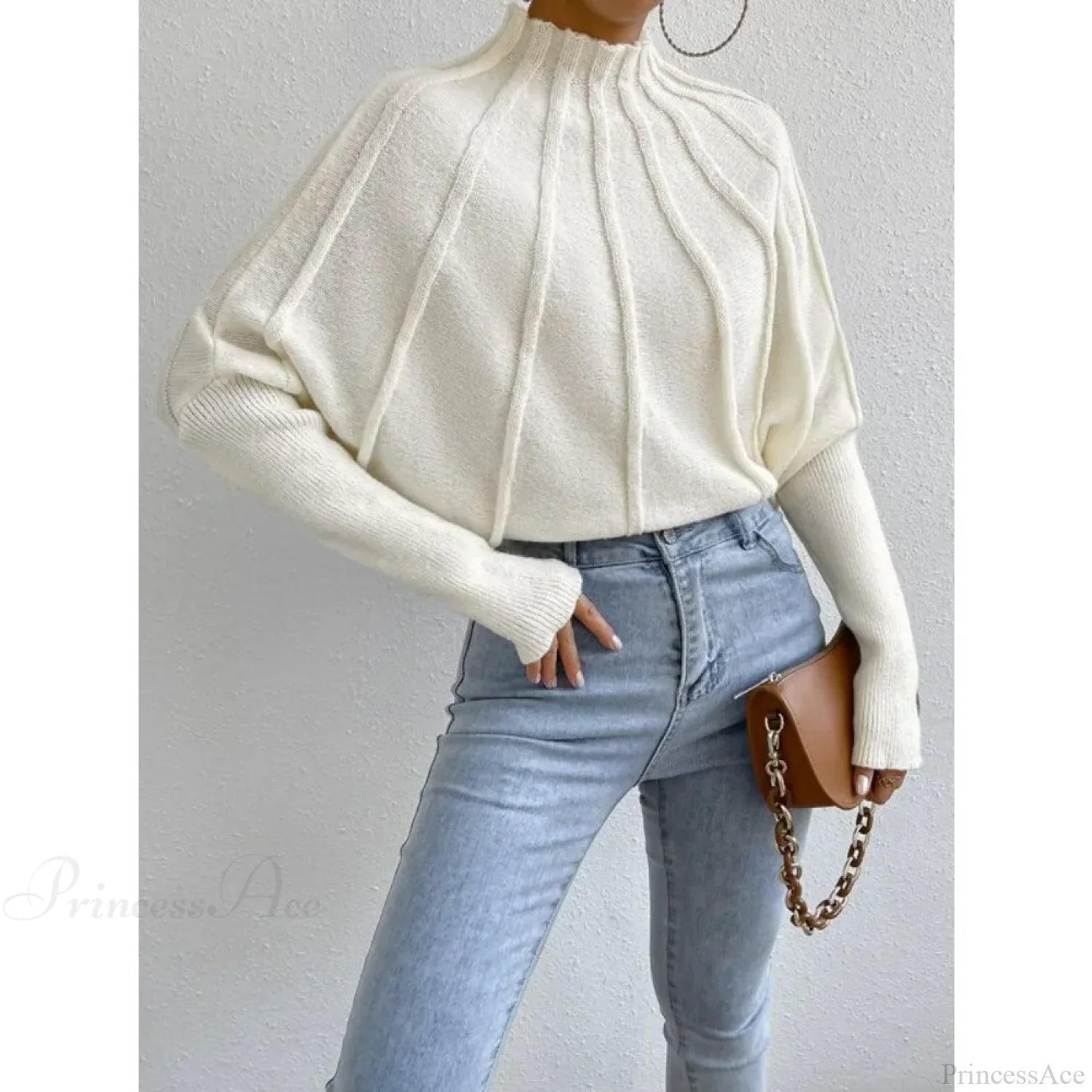 Solid Round Neck Batball Sleeve Loose Sweater image 5